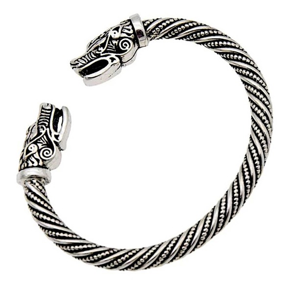 Sterling Silver Plated Serpent Viking Wolf Head Cuff Bracelet - Picture 4 of 7